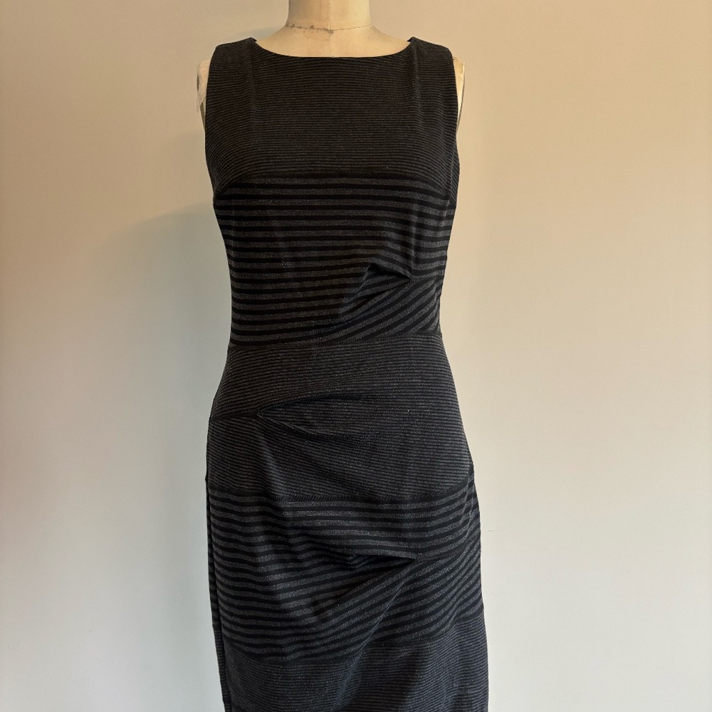 Nicole Miller Grey and Black Striped Dress with tucked fabric manipulation